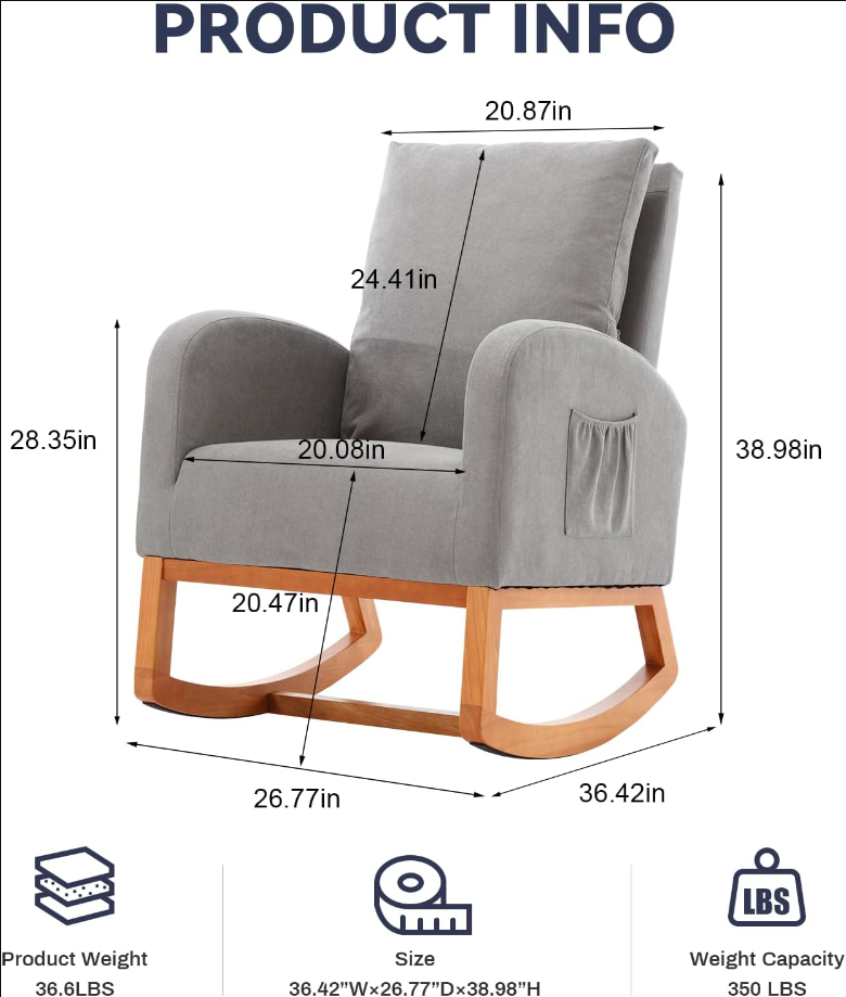 Rocking Chair Nursery,Upholstered High Back Glider Chair Armchair with Side Pockets for Living Room/Bedroom- (Gray