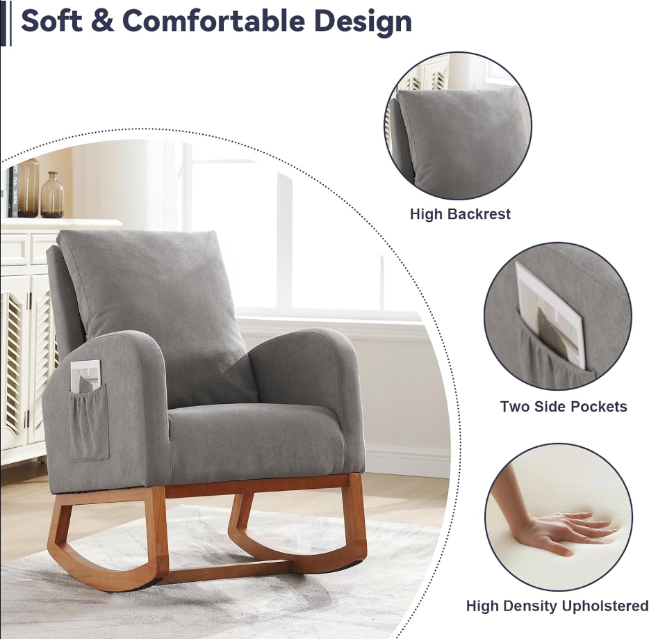 Rocking Chair Nursery,Upholstered High Back Glider Chair Armchair with Side Pockets for Living Room/Bedroom- (Gray