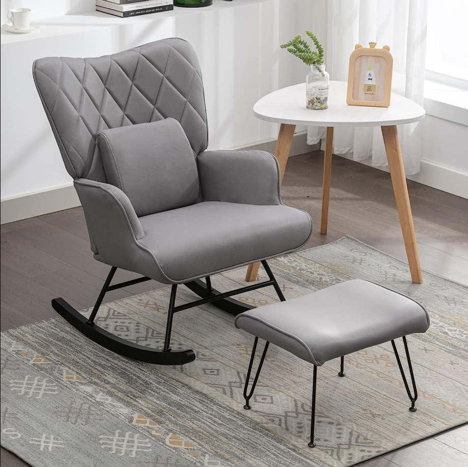 Rocking Chair, Modern Rocking Chair Nursery Set with Lumbar Pillow and Ottoman, Glider Chair for Nursery/Living Room/Bedroom-Gray