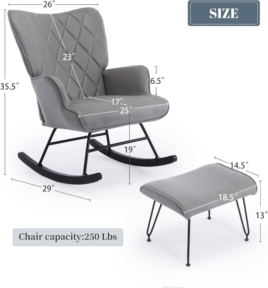 Rocking Chair, Modern Rocking Chair Nursery Set with Lumbar Pillow and Ottoman, Glider Chair for Nursery/Living Room/Bedroom-Gray