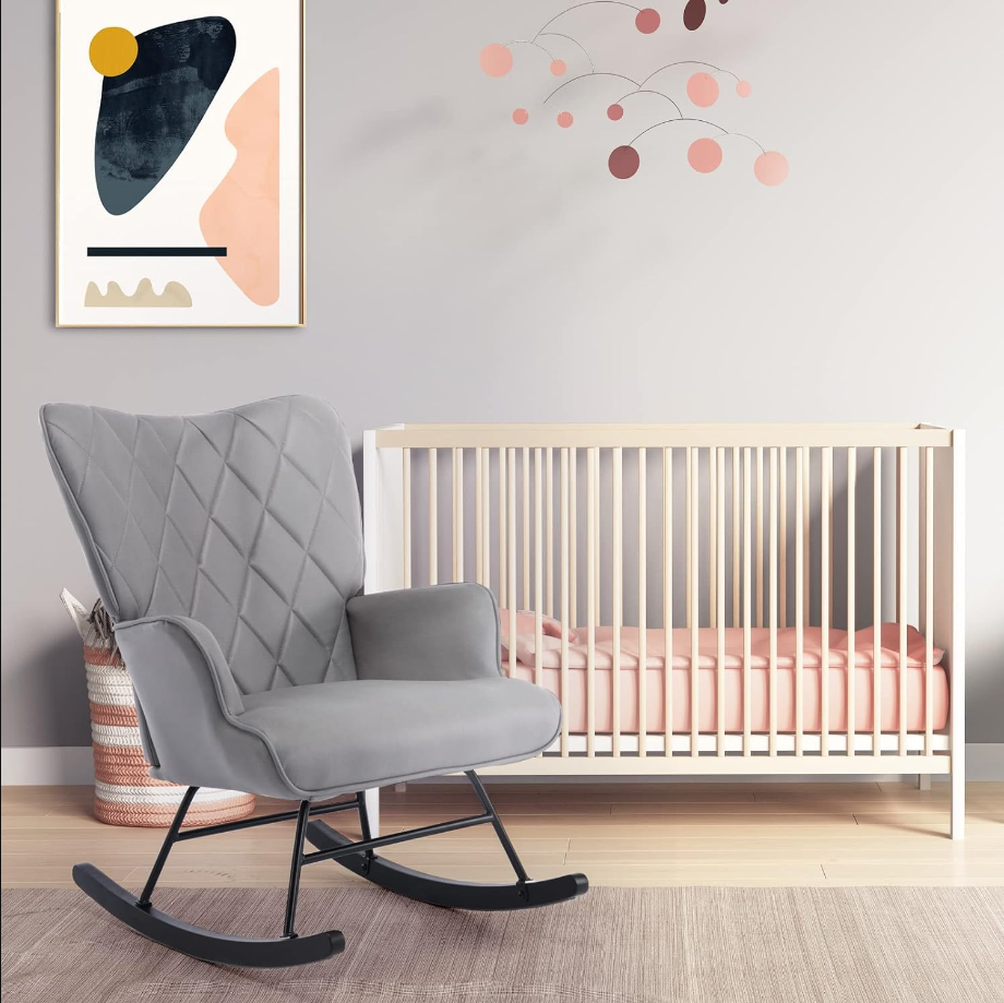Rocking Chair, Modern Rocking Chair Nursery Set with Lumbar Pillow and Ottoman, Glider Chair for Nursery/Living Room/Bedroom-Gray