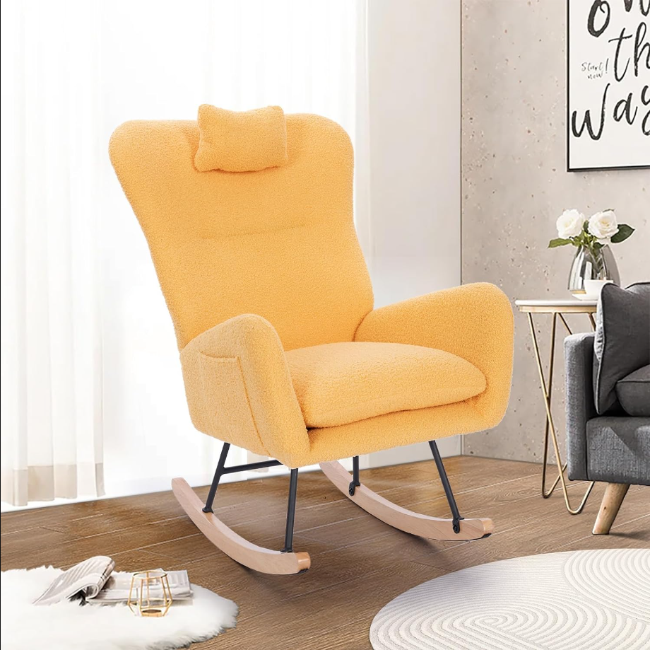 Rocking Chair Nursery, Teddy Living Room Armchair with Wood Base, Baby Glider Rocker with Headrest & Side Handy Cocket, Small Gliding Seat for Bedroom, Office, 36" H, Yellow