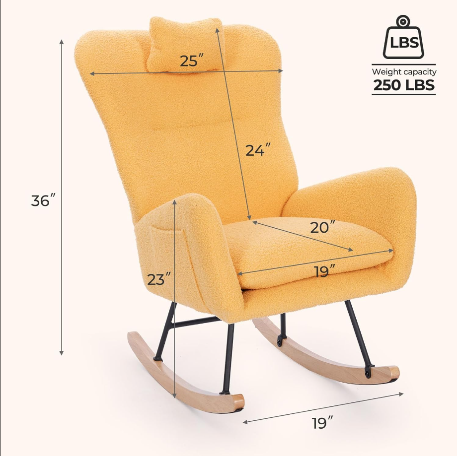 Rocking Chair Nursery, Teddy Living Room Armchair with Wood Base, Baby Glider Rocker with Headrest & Side Handy Cocket, Small Gliding Seat for Bedroom, Office, 36" H, Yellow