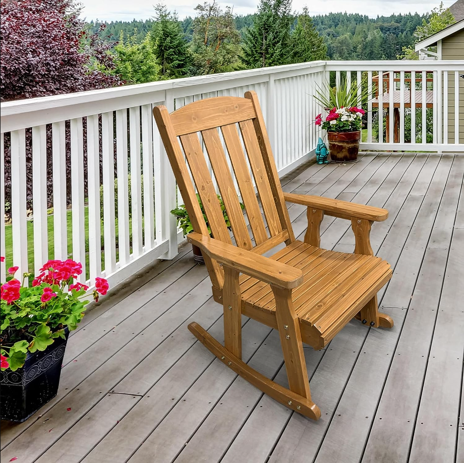 Wooden Rocking Chair with Comfortable Backrest Inclination, High Backrest and Deep Contoured Seat, Solid Fir Wood, Heavy Duty 600 LBS, for Both Outdoor and Indoor, Backyard, Porch and Patio