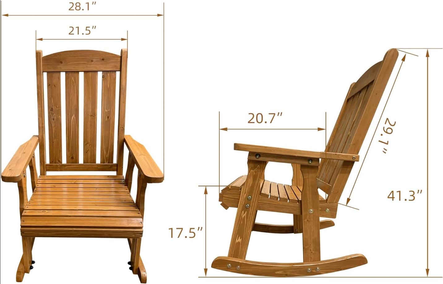 Wooden Rocking Chair with Comfortable Backrest Inclination, High Backrest and Deep Contoured Seat, Solid Fir Wood, Heavy Duty 600 LBS, for Both Outdoor and Indoor, Backyard, Porch and Patio