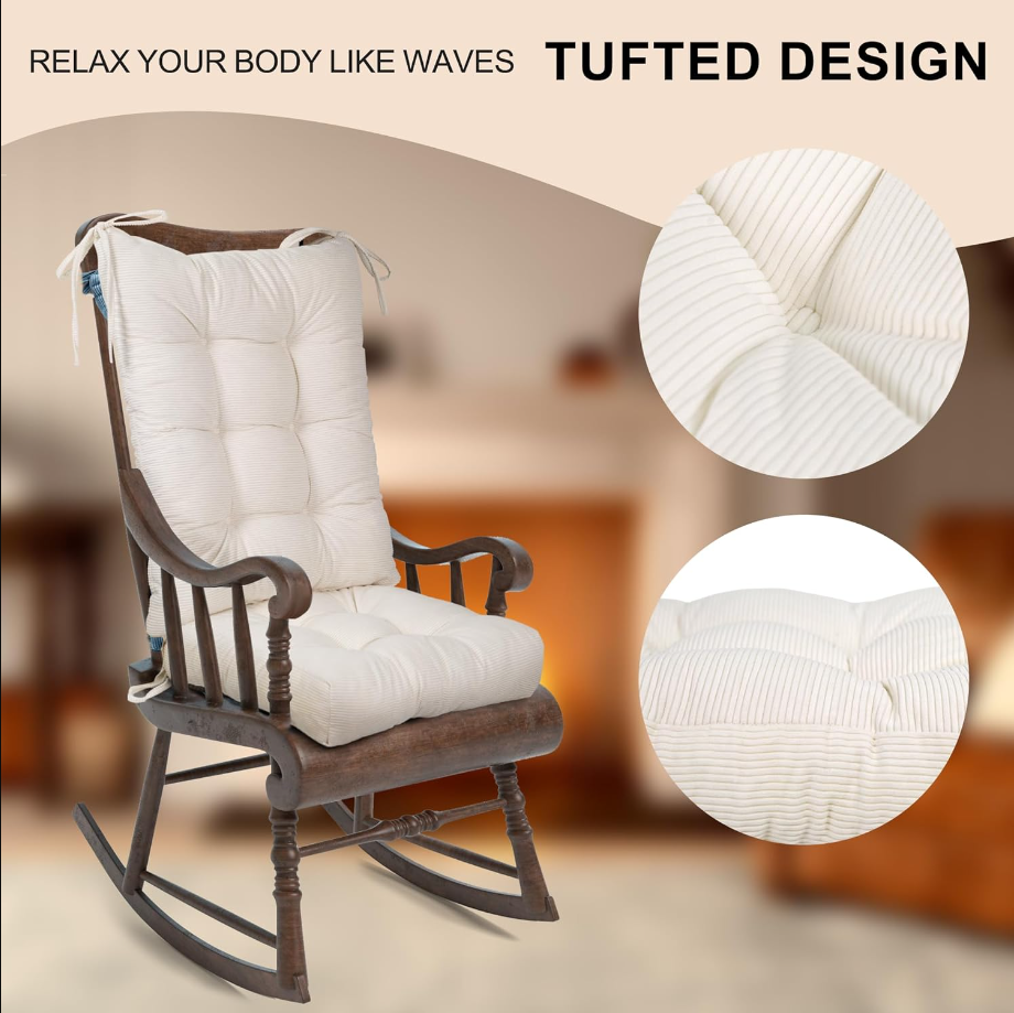 Rocking Chair Cushion,Tufted Non-Slip Comfortable Rocking Chair Cushions Indoor with Ties,Striped Rocking Chair Pads,White