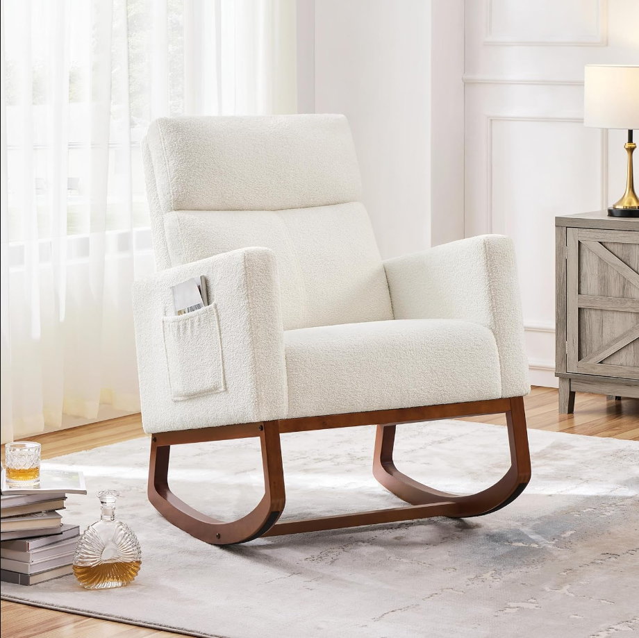 Upholstered Rocking Chair, Boucle Glider Chair Nursery Chair with High Back and Side Pocket, Rocking Accent Armchair with Rubber Wood Legs for Living Room/Bedroom/Nursery, Ivory