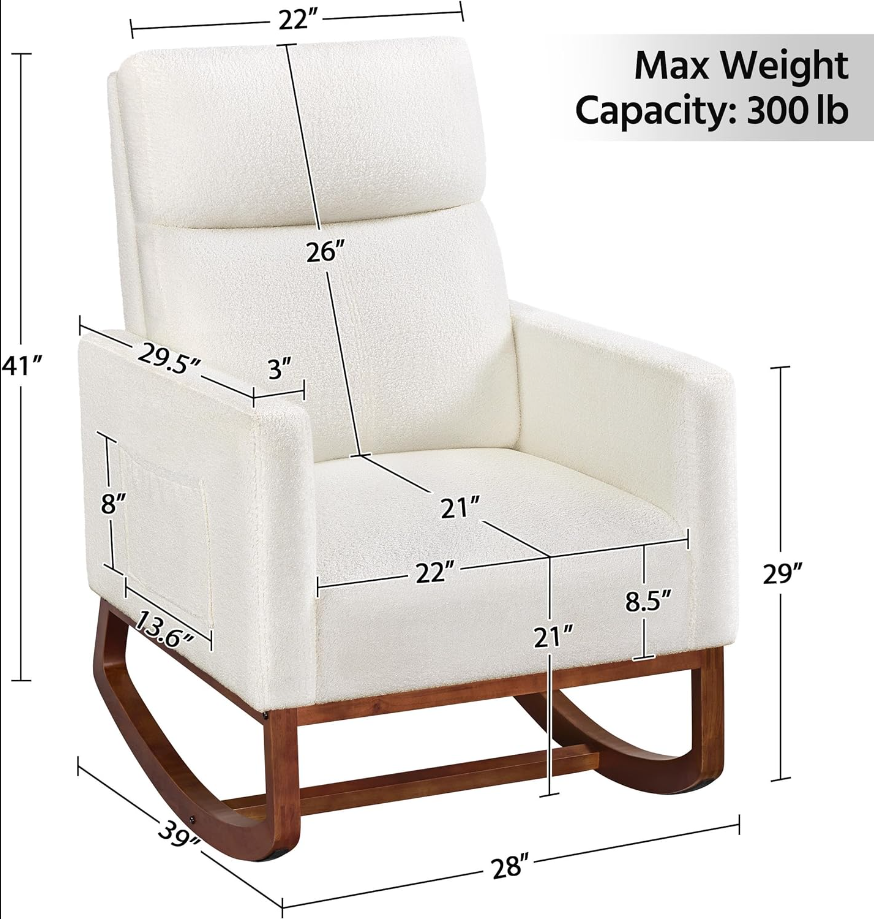 Upholstered Rocking Chair, Boucle Glider Chair Nursery Chair with High Back and Side Pocket, Rocking Accent Armchair with Rubber Wood Legs for Living Room/Bedroom/Nursery, Ivory