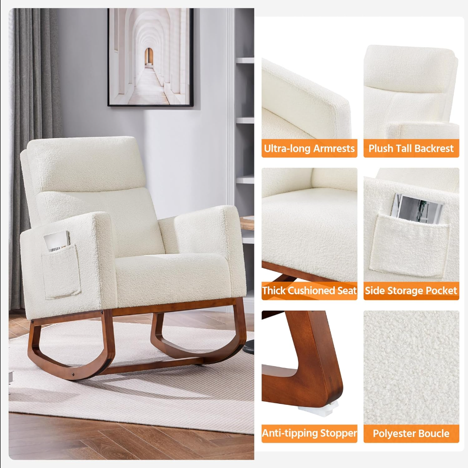 Upholstered Rocking Chair, Boucle Glider Chair Nursery Chair with High Back and Side Pocket, Rocking Accent Armchair with Rubber Wood Legs for Living Room/Bedroom/Nursery, Ivory