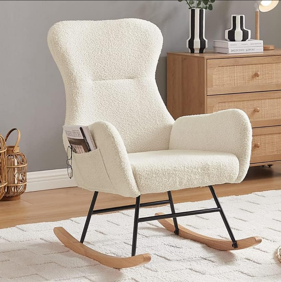 Rocking Chair Nursery,Modern Accent Rocking Chair,Upholstered Nursery Glider Rocker for Baby,Rocking Chair Indoor for Living Room/Bedroom/Nursery(Cream White Teddy Fabric)