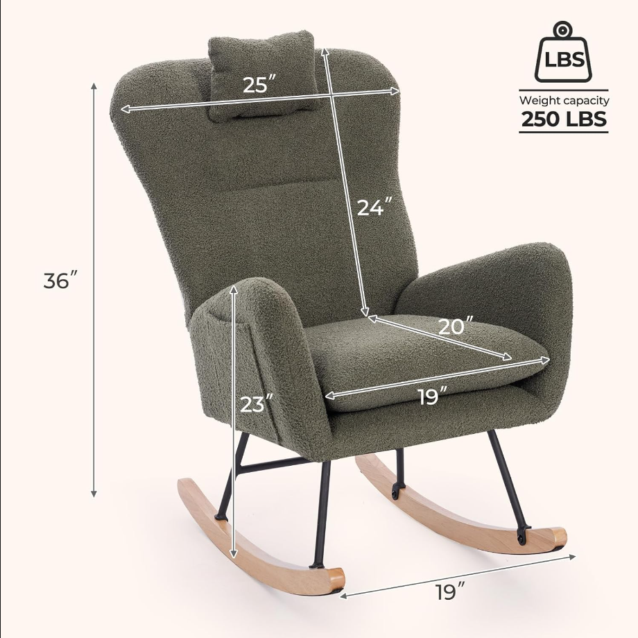 Rocking Chair Nursery, Teddy Upholstered Nursing Armchair with Wood Base, Baby Glider Rocker with Headrest & Side Handy Cocket, Small Gliding Seat for Living Room, Bedroom, Office