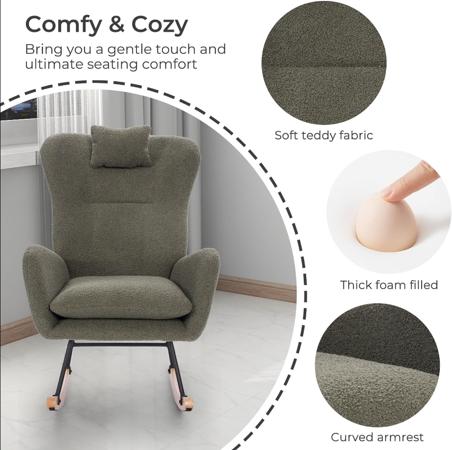 Rocking Chair Nursery, Teddy Upholstered Nursing Armchair with Wood Base, Baby Glider Rocker with Headrest & Side Handy Cocket, Small Gliding Seat for Living Room, Bedroom, Office