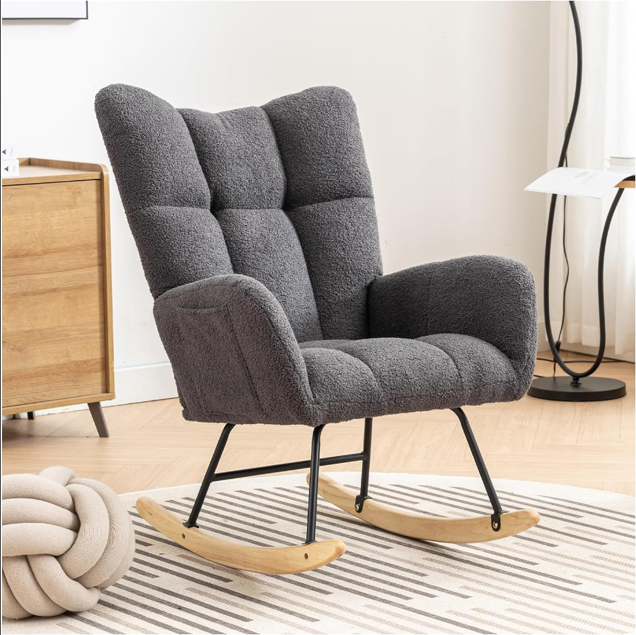 Rocking Chair Nursery, Soft Teddy Velvet Fabric Rocking Chair for Nursery, Comfy Wingback Glider Rocker with Safe Solid Wood Base for Living Room Bedroom Balcony (Grey)