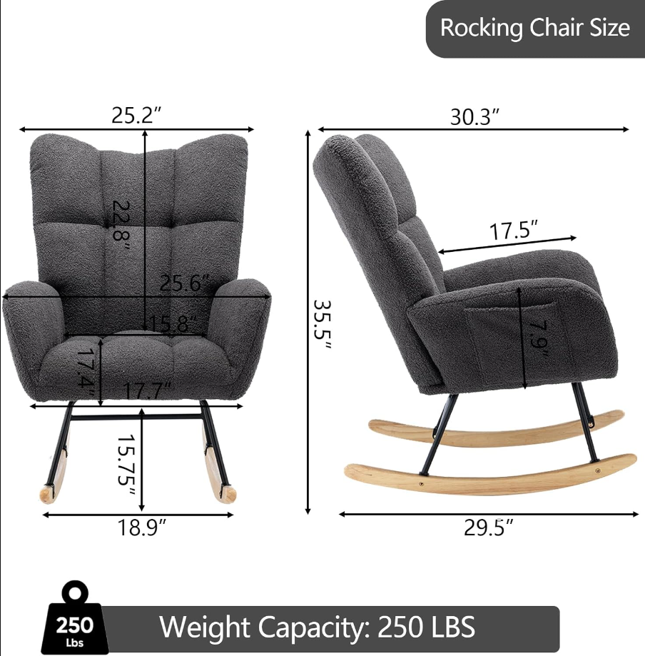 Rocking Chair Nursery, Soft Teddy Velvet Fabric Rocking Chair for Nursery, Comfy Wingback Glider Rocker with Safe Solid Wood Base for Living Room Bedroom Balcony (Grey)