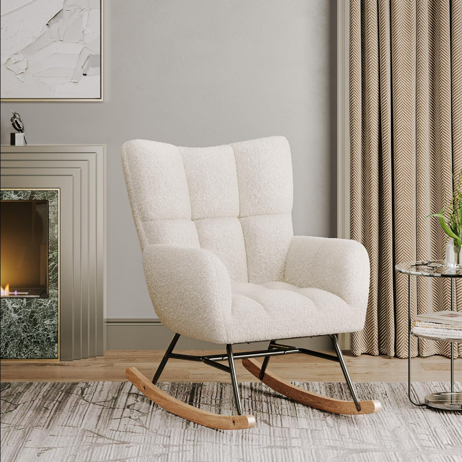 Rocking Chair, Nursery Chair Upholstered Glider Chair with Cushioned Back and Armrests, Wide Seat Rocker Chair for Bedroom, Nursery Room, Living Room, Office, Guest Room (Lucy - White)