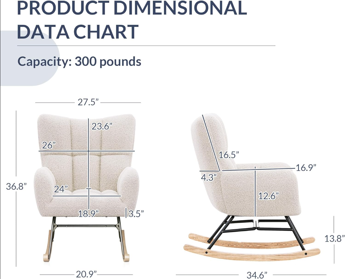 Rocking Chair, Nursery Chair Upholstered Glider Chair with Cushioned Back and Armrests, Wide Seat Rocker Chair for Bedroom, Nursery Room, Living Room, Office, Guest Room (Lucy - White)