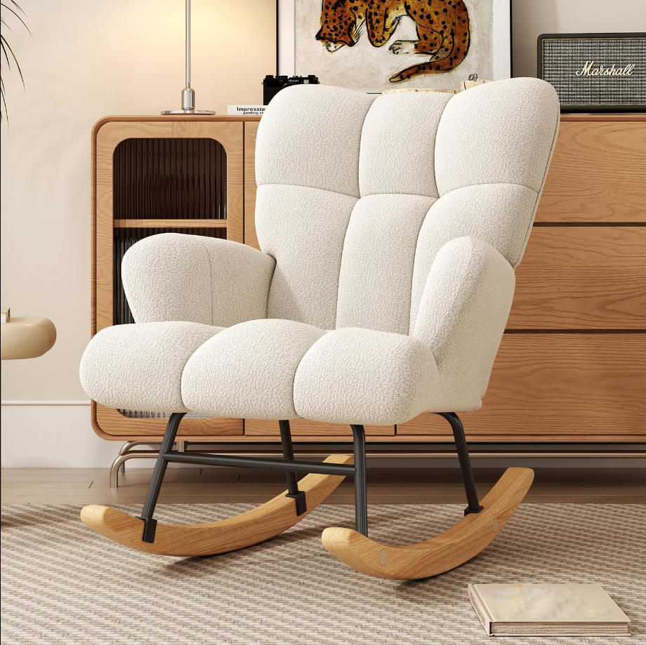 Glider Rocking Chair Nursery, Comfy Accent Chair Armchair with High Backrest Teddy Soft Upholstered Living Room Chairs for Reading Bedroom Living Room Home Offices Nursery (Milky White)