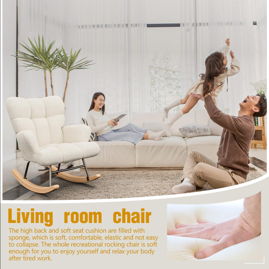 Glider Rocking Chair Nursery, Comfy Accent Chair Armchair with High Backrest Teddy Soft Upholstered Living Room Chairs for Reading Bedroom Living Room Home Offices Nursery (Milky White)