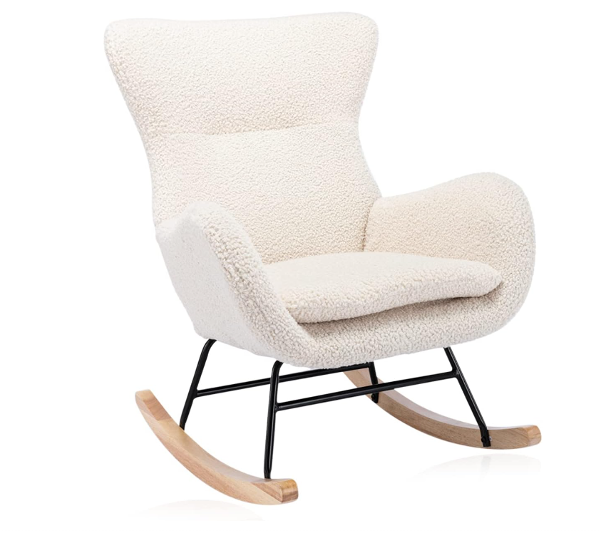 Teddy Rocking Chair Nursery, Upholstered Rocking Chairs with High Backrest and Armrests, Small Glider Chair for Nursery, Living Room, Bedroom (Beige)