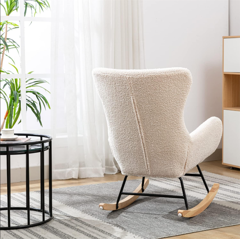 Teddy Rocking Chair Nursery, Upholstered Rocking Chairs with High Backrest and Armrests, Small Glider Chair for Nursery, Living Room, Bedroom (Beige)