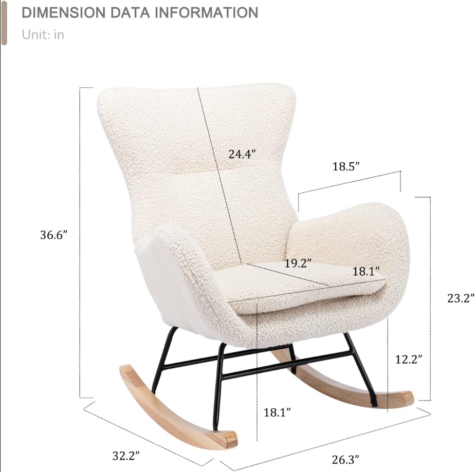 Teddy Rocking Chair Nursery, Upholstered Rocking Chairs with High Backrest and Armrests, Small Glider Chair for Nursery, Living Room, Bedroom (Beige)