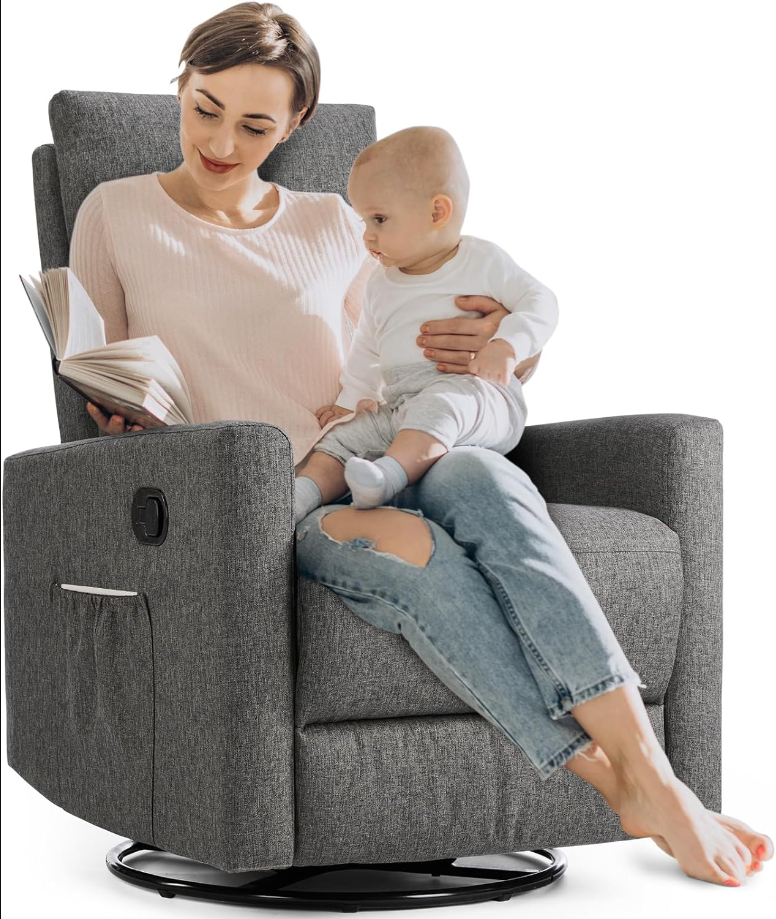Swivel Recliner Chair, Rocking Chair Nursery, Glider Rocker Recliner, Nursery Chair with Extra Large Footrest for Living Room, High Back, Upholstered Deep Seat (Deep Grey)