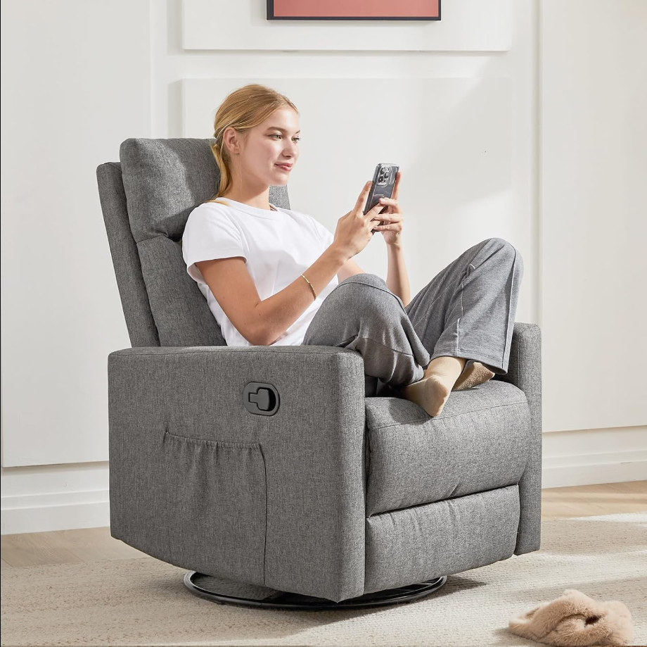 Swivel Recliner Chair, Rocking Chair Nursery, Glider Rocker Recliner, Nursery Chair with Extra Large Footrest for Living Room, High Back, Upholstered Deep Seat (Deep Grey)