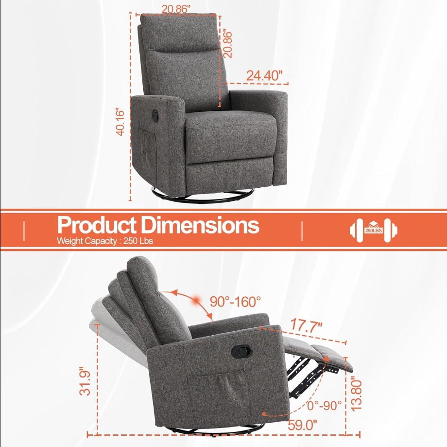 Swivel Recliner Chair, Rocking Chair Nursery, Glider Rocker Recliner, Nursery Chair with Extra Large Footrest for Living Room, High Back, Upholstered Deep Seat (Deep Grey)