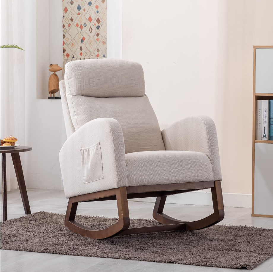 Rocking Chair Nursery Beige Polyester Modern Lounge Chair for Living Room and Bedroom