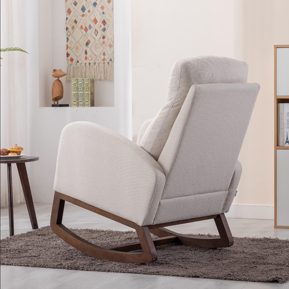 Rocking Chair Nursery Beige Polyester Modern Lounge Chair for Living Room and Bedroom