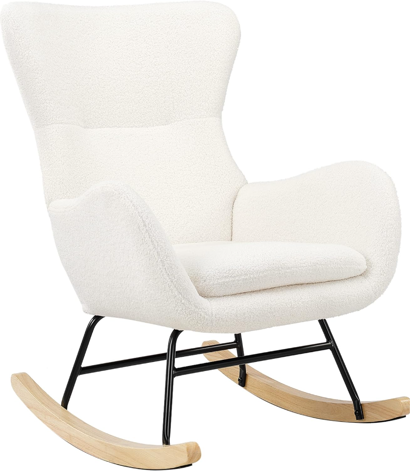 Comfy Rocking Chair for Nursery - Glider Chair with High Backrest, Armrests & Upholstered Pad, Bedroom Nursery Rocker Chair for Baby & Kids, Ivory White