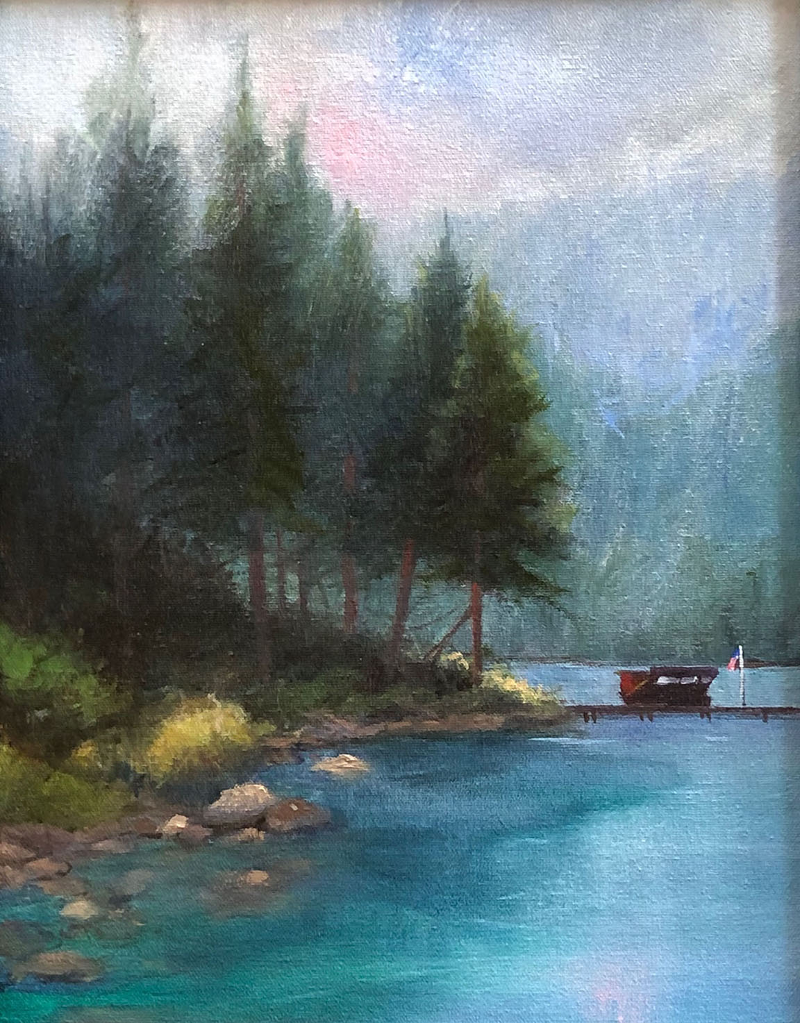 Tahoe boathouse in fog