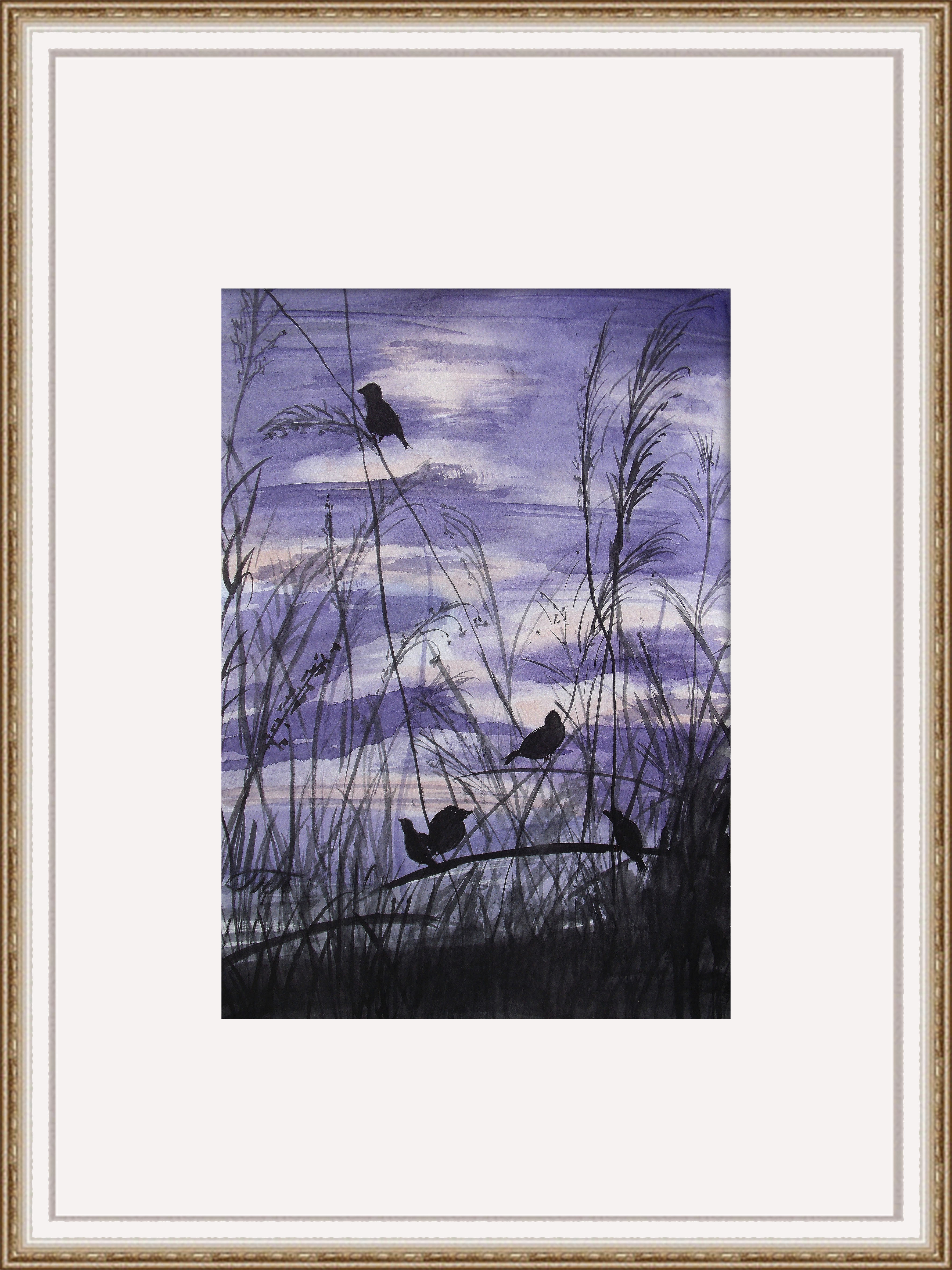 Flock of sparrows at sunset