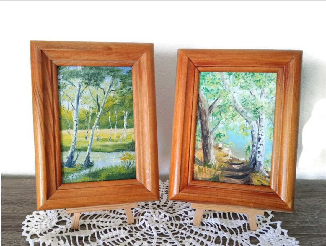 Landscape with birches, 3 small paintings
