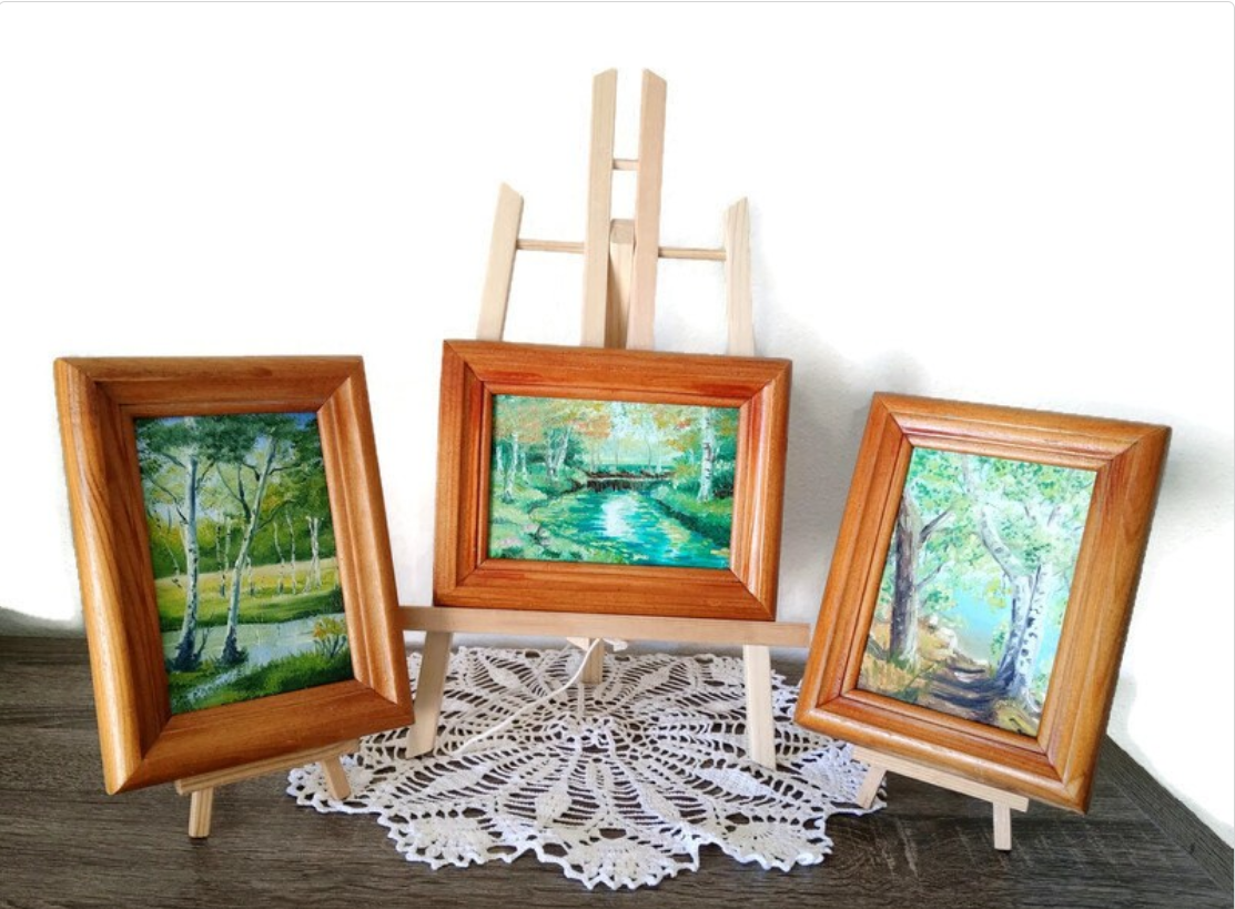 Landscape with birches, 3 small paintings