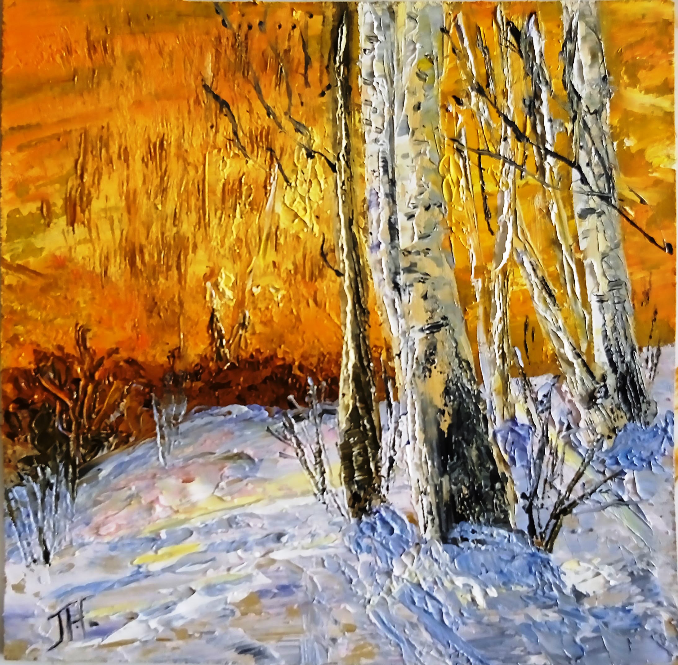 Winter landscape, Orange sunset