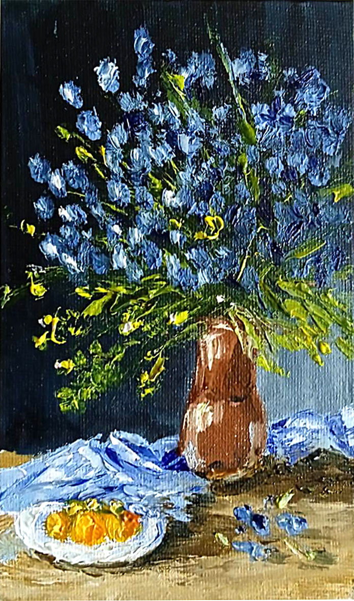 forget-me-nots, Blue flowers in striped vase