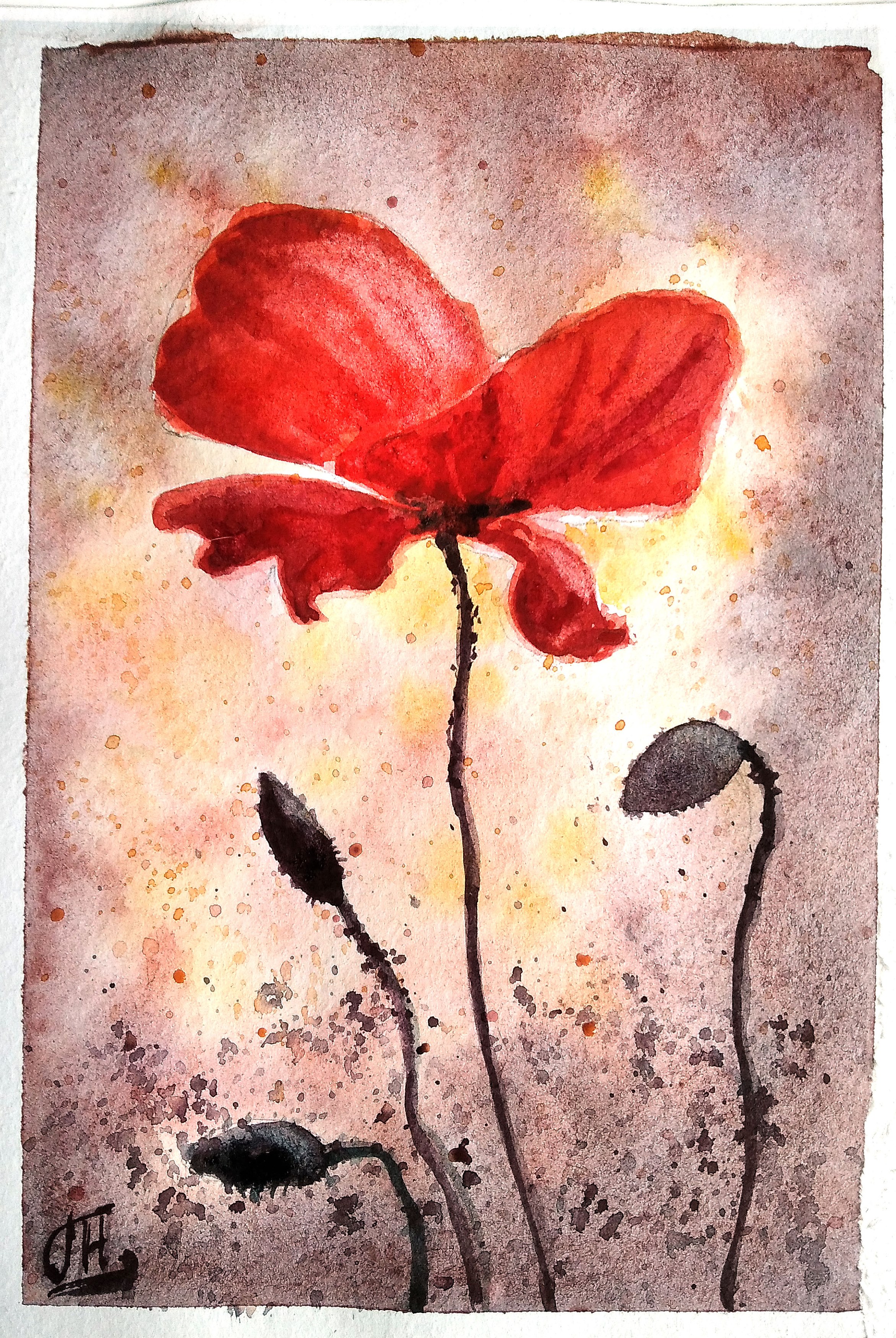 “Poppy,” watercolor postcard #1, watercolor miniatures, red flower