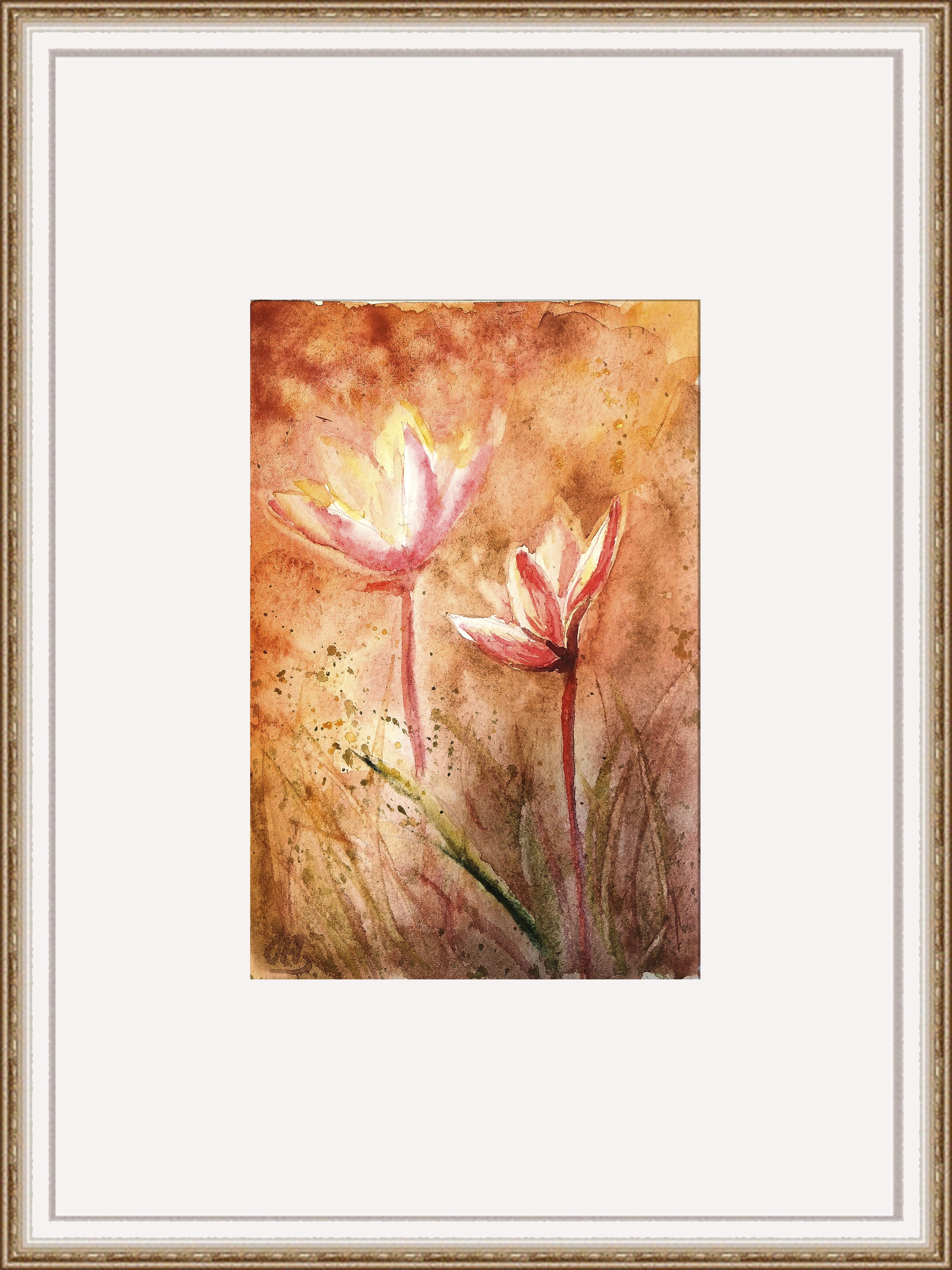 “Golden lanterns,” watercolor postcard #2, watercolor miniatures, orange flower