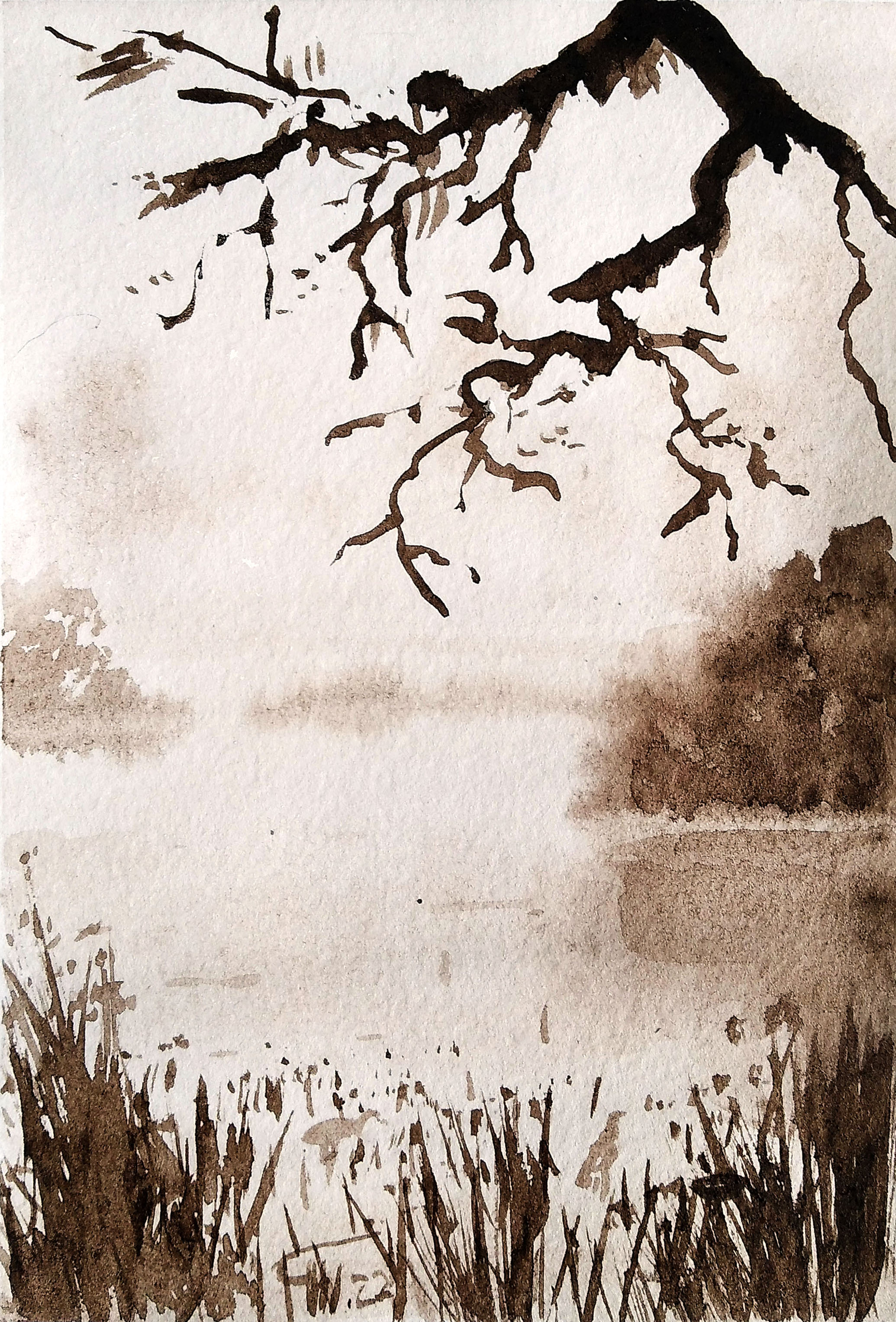 Watercolor postcard in Chinese style, monochrome painting, watercolor postcard #2, watercolor miniatures