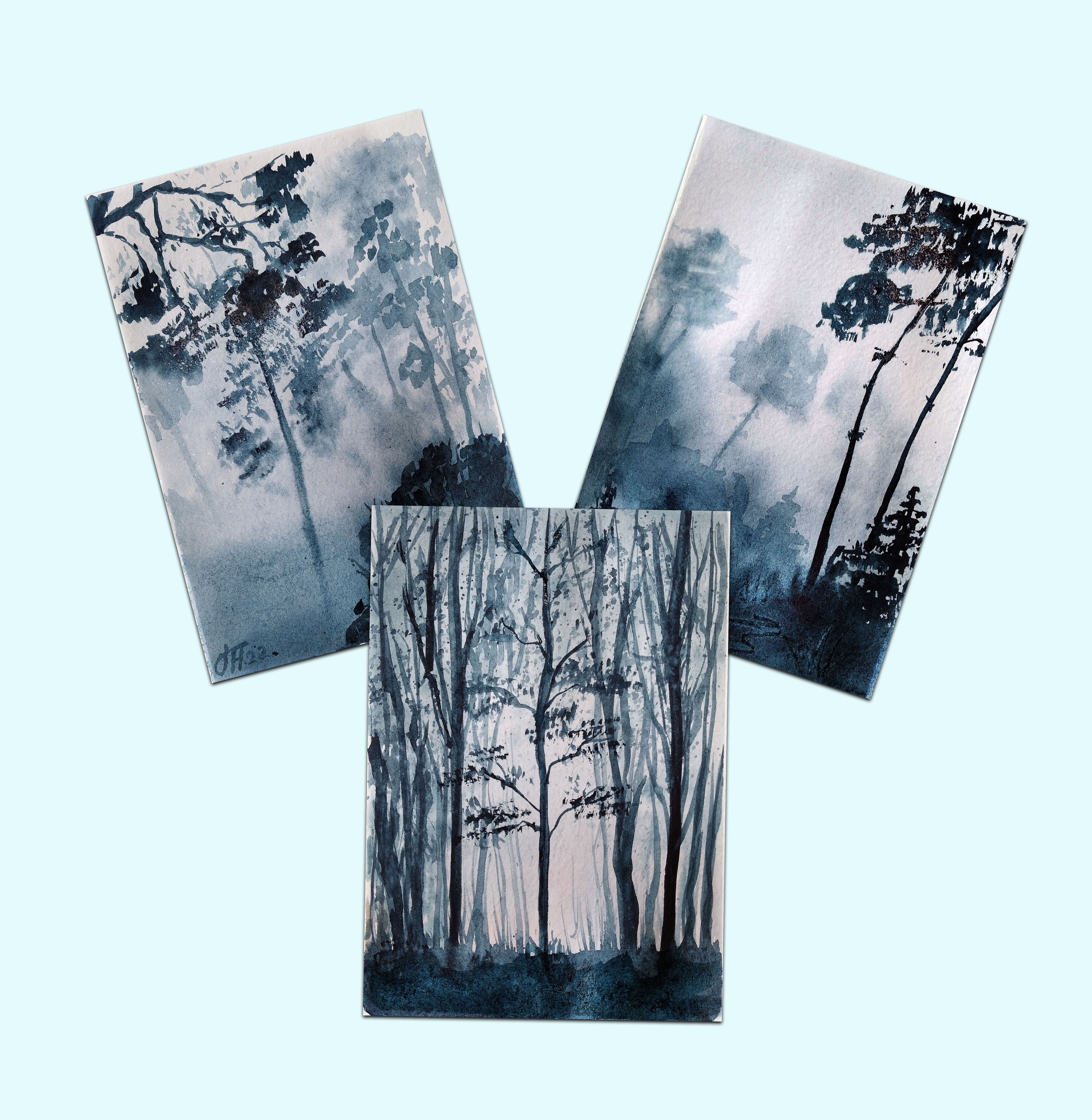 Watercolor postcard in blue tones, monochrome painting, watercolor postcard №9,10,11, watercolor miniatures