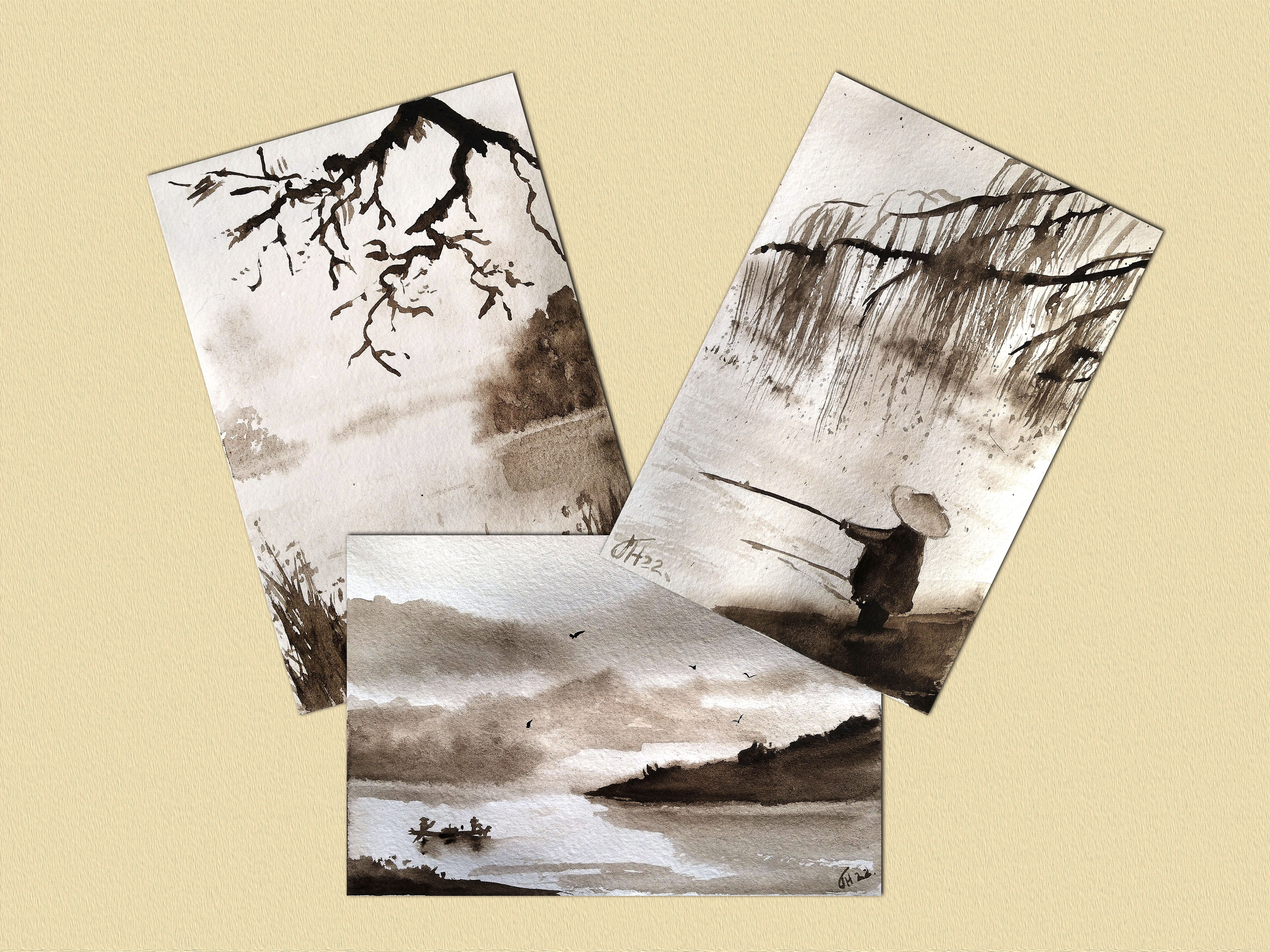 Watercolor postcard in Chinese style, monochrome painting, watercolor postcard #2, watercolor miniatures