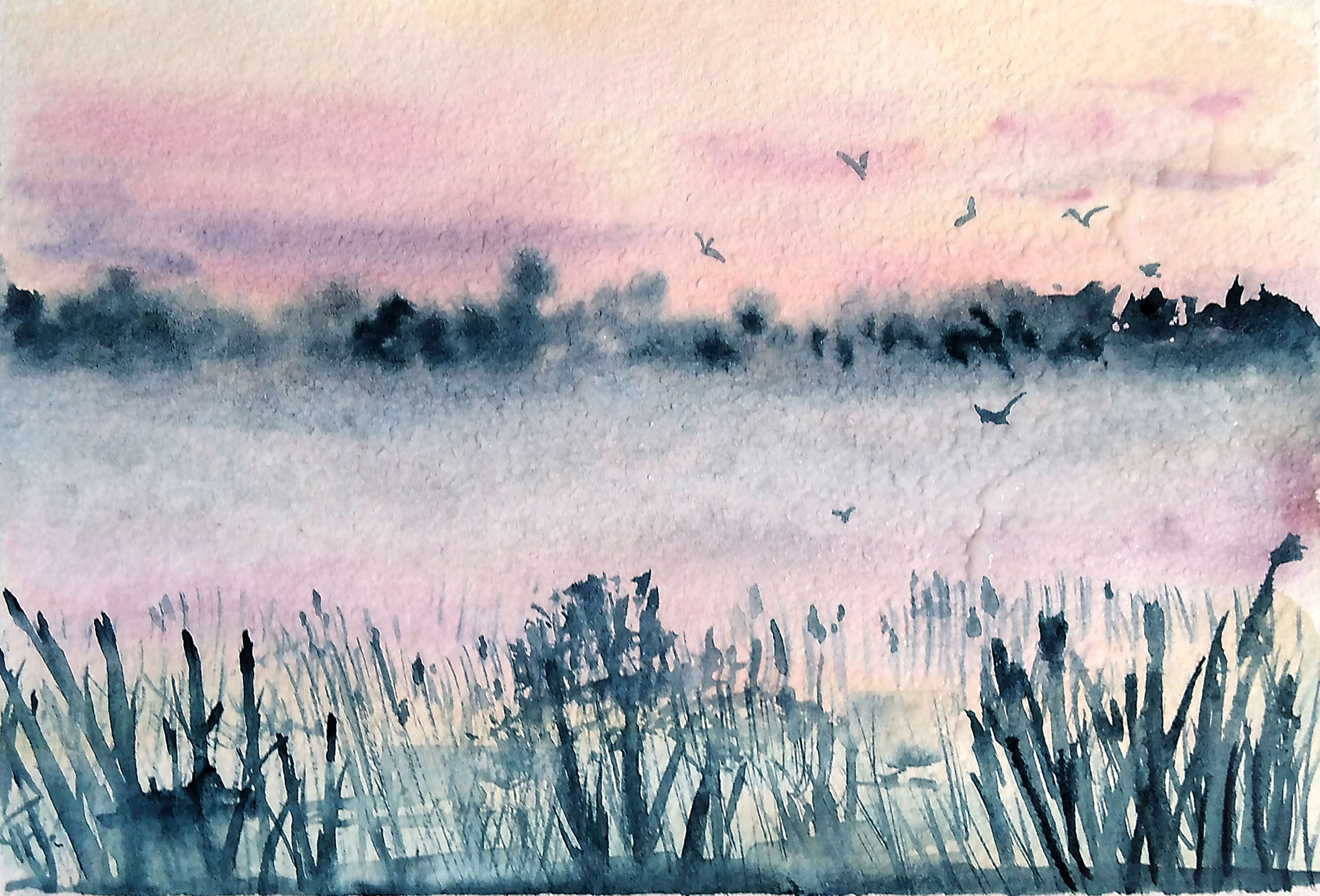 “Pink Dawn” watercolor postcard #14, watercolor miniatures