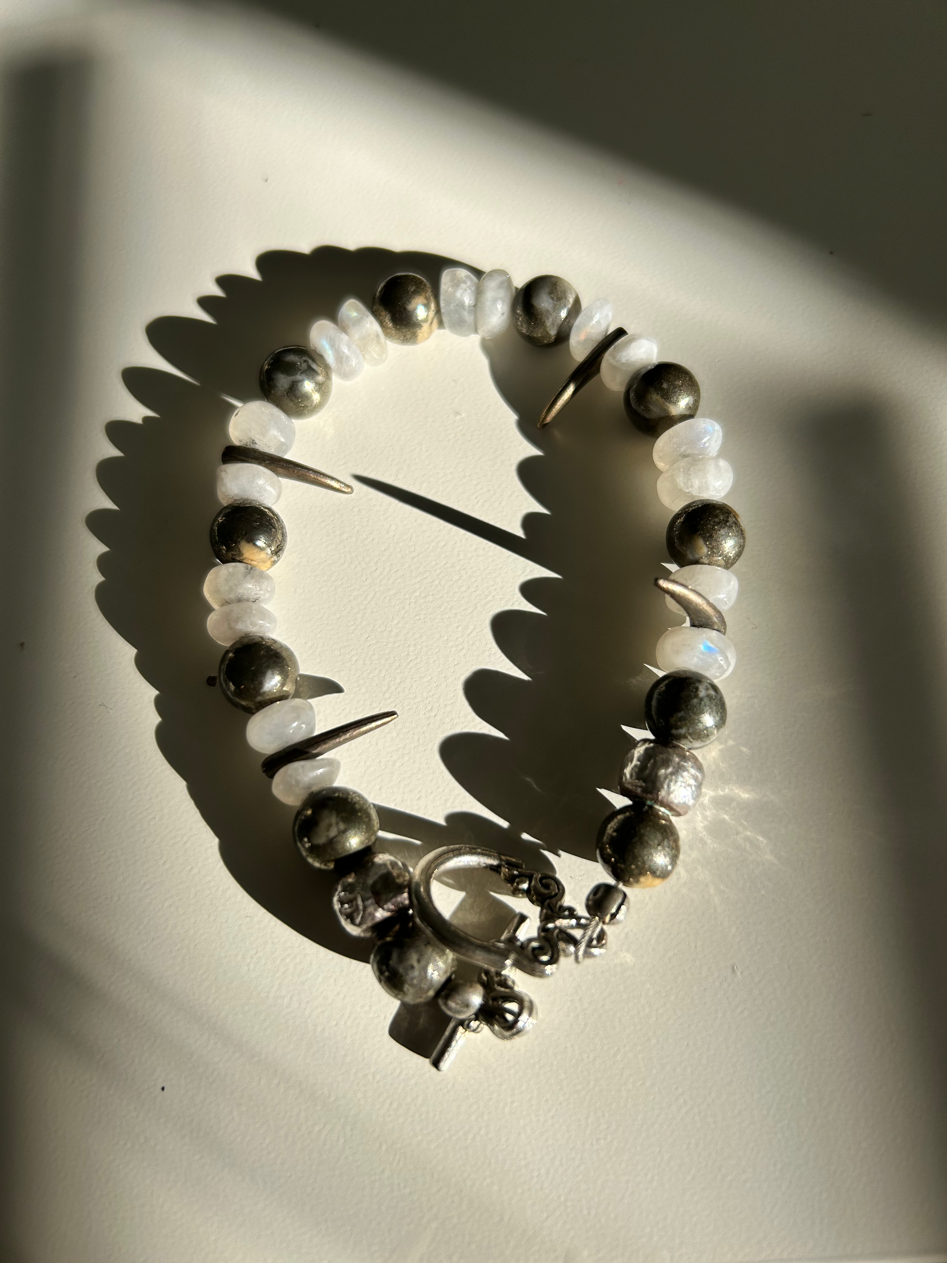 Moonstone and Pyrite Silver Bracelet