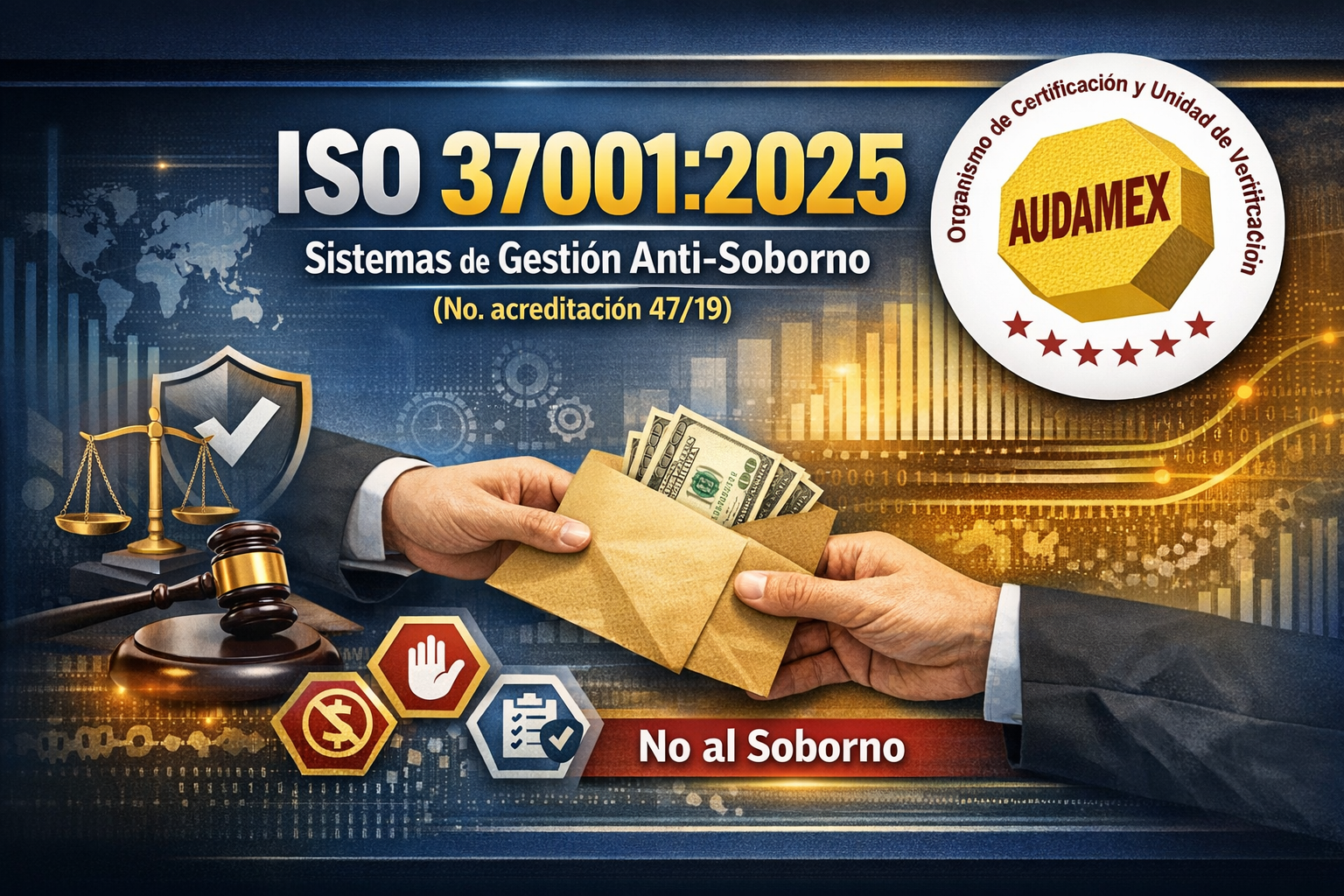 •	ISO 37001:2016 Sistemas de Gestión Anti-Soborno (No. acreditacion 47/19)