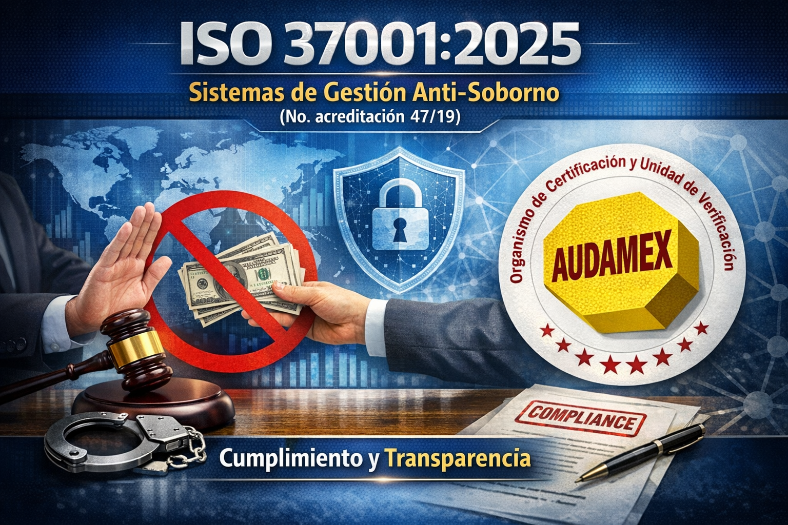 •	ISO 37001:2025 Sistemas de Gestión Anti-Soborno (No. acreditacion 47/19)