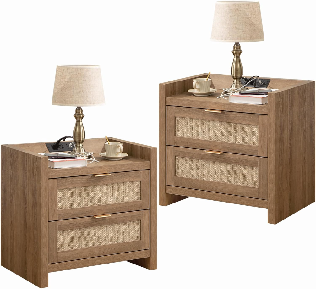Night Stand Set of 2 - Rattan Nightstands with Type-C Charging Station & 2 Rattan Drawers - Boho Bed Side End Table for Small Space - Natural Oak