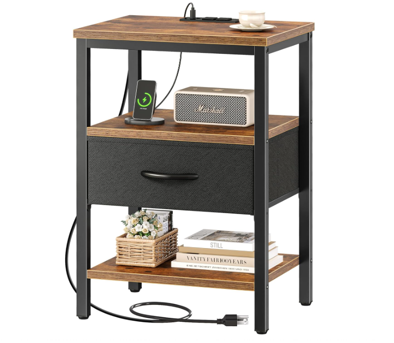 Nightstand with Charging Station, Bed Side Table with Adjustable Fabric Drawer, Night Stand for Bedroom, 3-Tier Storage End Table, for Living Room, Rustic Brown and Black