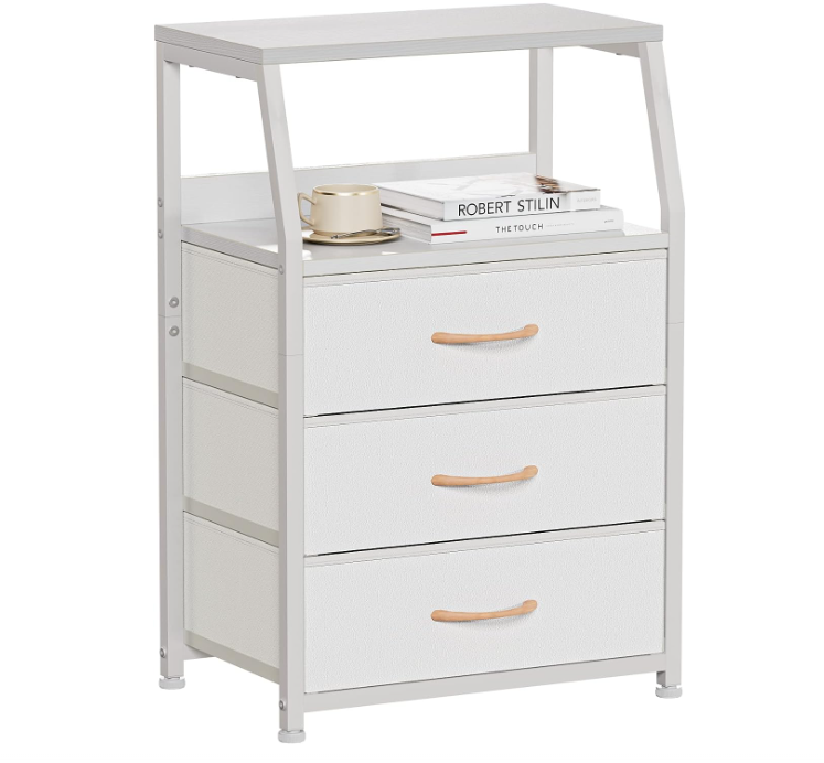 White Nightstand with 3 Drawers and 2-Tier Shelf, Small Night Stand End Table Side Furniture, Fabric Storage Organizer for Bedroom, Closet, Hallway, Nursery, Sturdy Steel Frame, Wood Top