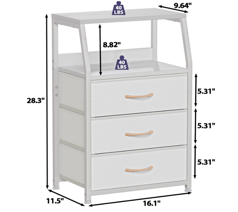 White Nightstand with 3 Drawers and 2-Tier Shelf, Small Night Stand End Table Side Furniture, Fabric Storage Organizer for Bedroom, Closet, Hallway, Nursery, Sturdy Steel Frame, Wood Top